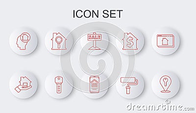Set line Location key, Realtor, Hanging sign with Sale, Paint roller brush, Man dreaming about buying house, Search Vector Illustration