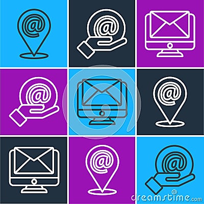 Set line Location and mail and e-mail, Monitor and envelope and Mail and e-mail in hand icon. Vector Vector Illustration