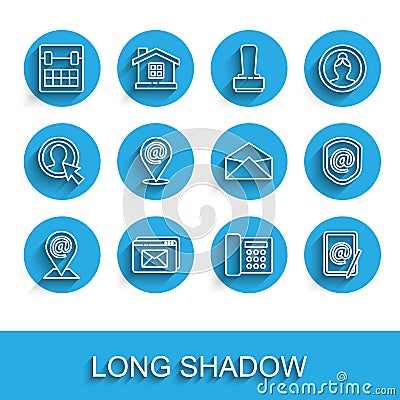 Set line Location and mail and e-mail, Website envelope, Calendar, Telephone, Mail, Shield with and Envelope icon Vector Illustration