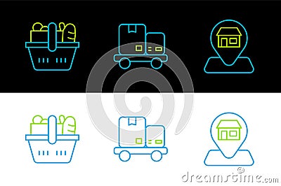 Set line Location Market store, Shopping basket and food and Hand truck boxes icon. Vector Vector Illustration