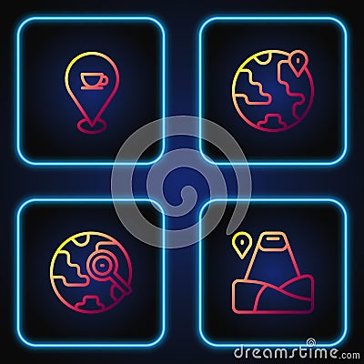 Set line Location with mountain, Magnifying glass globe, coffee cup and the. Gradient color icons. Vector Vector Illustration