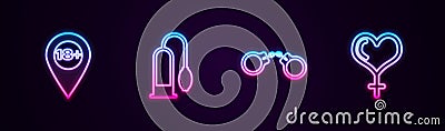 Set line Location with 18 plus, Penis pump, Handcuffs and Female gender heart. Glowing neon icon. Vector Vector Illustration