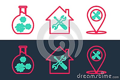 Set line Location service, Test tube with virus and House icon. Vector Vector Illustration