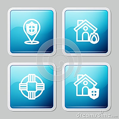 Set line Location shield, Fire in burning house, Lifebuoy and House with icon. Vector Vector Illustration