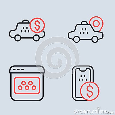 Set line Location taxi car, Taxi mobile app, Mobile banking and Taximeter device icon. Vector Vector Illustration