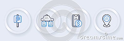 Set line Location taxi car, Mobile banking, Taxi service rating and Parking icon. Vector Vector Illustration