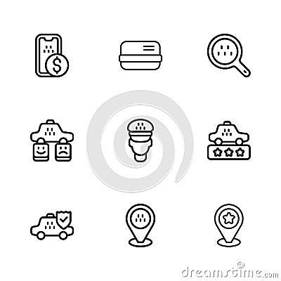 Set line Location taxi car, Taxi service rating, with star, driver, Search, Mobile banking, Credit card and icon. Vector Vector Illustration