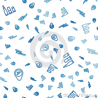 Set line Location with weapon, Bullet and Bayonet rifle on seamless pattern. Vector Stock Photo