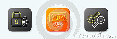 Set line Lock with bitcoin, Bitcoin circuit and Cryptocurrency key icon. Vector Stock Photo