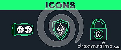 Set line Lock with bitcoin, Mining farm and Shield Ethereum ETH icon. Vector Vector Illustration