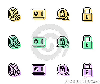 Set line Lock, Cancelled fingerprint, Safe and icon. Vector Vector Illustration