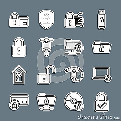 Set line Lock and check mark, Laptop lock, Folder, Cyber security, Scooter, Credit card with and FTP folder icon. Vector Vector Illustration