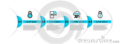 Set line Lock, Cloud VPN interface, Digital door lock with wireless and Safe combination wheel icon. Vector Stock Photo