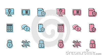 Set line Lock, Eye scan, Computer monitor and shield, Protection of personal data, Smartphone with security, Password Vector Illustration