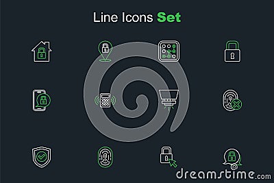 Set line Lock, Fingerprint, Shield with check mark, Cancelled fingerprint, Fire sprinkler system, Security keypad access Vector Illustration