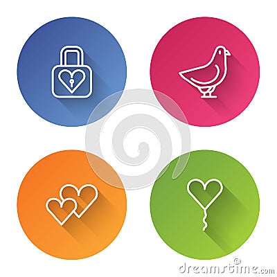 Set line Lock and heart, Dove, Heart and Balloon in form of. Color circle button. Vector Vector Illustration