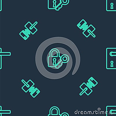 Set line Lock and key, Digital door lock with wireless and Door handle on seamless pattern. Vector Stock Photo