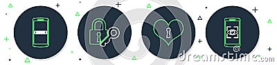 Set line Lock and key, Heart with keyhole, Mobile password and eye scan icon. Vector Stock Photo