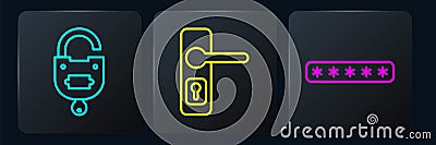 Set line Lock and key, Password protection and Door handle. Black square button. Vector Vector Illustration