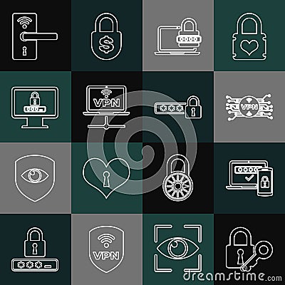 Set line Lock and key, Two steps authentication, VPN with microchip circuit, Laptop password, Computer network, Monitor Vector Illustration