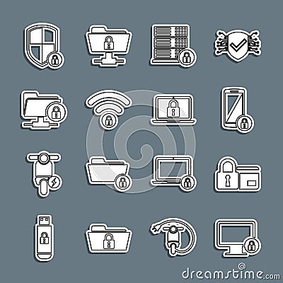 Set line Lock on monitor, Credit card with lock, Smartphone, Server security, Wifi locked, FTP folder and, Shield and Vector Illustration