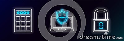 Set line Lock, Password protection and safety access and Laptop protected with shield icon. Glowing neon. Vector Vector Illustration