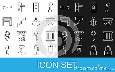 Set line Lock, Prison window, Motion sensor, Mobile with closed padlock, Security camera, Website template, Flasher Vector Illustration