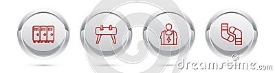 Set line Locker or changing room, Pommel horse, Bodybuilder and Socks. Silver circle button. Vector Vector Illustration