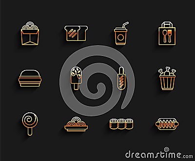 Set line Lollipop, Asian noodles in bowl, Noodles box, Sushi, Hotdog sandwich, Ice cream, Chicken leg package and icon Vector Illustration