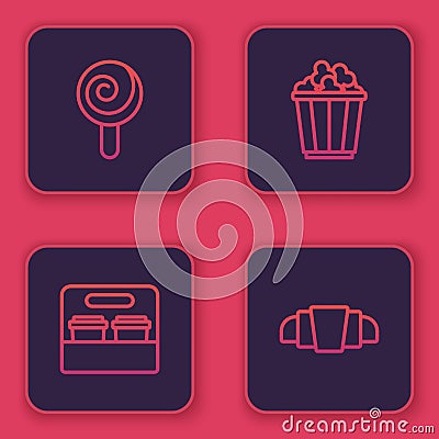 Set line Lollipop, Coffee cup to go, Popcorn in box and Croissant. Blue square button. Vector Vector Illustration