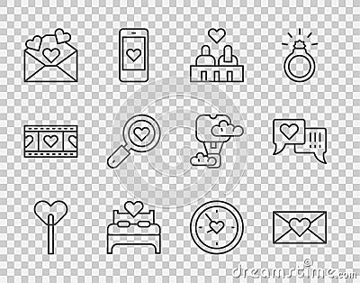 Set line Lollipop, Envelope with Valentine heart, Couple love, Bedroom, Search and, Clock and Heart speech bubble icon Vector Illustration