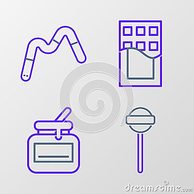 Set line Lollipop, Jar of honey, Chocolate bar and Jelly worms candy icon. Vector Stock Photo