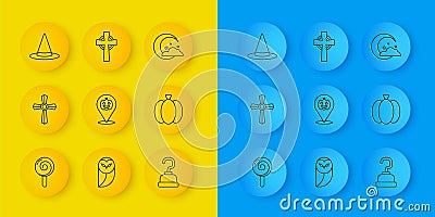 Set line Lollipop, Tombstone with cross, Pumpkin, Pirate hook, Witch hat, Moon and stars and icon. Vector Vector Illustration