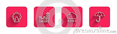 Set line London eye, Big Ben tower, Cloud with rain and Umbrella with long shadow. Red square button. Vector Vector Illustration