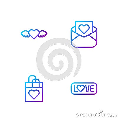 Set line Love text, Shopping bag with heart, Heart wings and Envelope Valentine. Gradient color icons. Vector Vector Illustration