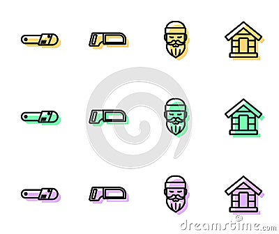 Set line Lumberjack, Chainsaw, Hacksaw and Dog house icon. Vector Vector Illustration