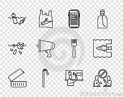 Set line Lunch box, Stop plastic pollution, Drinking straw, Problem of the ocean, Spread word, megaphone, and icon Stock Photo