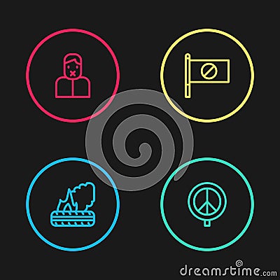 Set line Lying burning tires, Peace, Protest and Censor and freedom of speech icon. Vector Vector Illustration