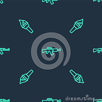 Set line M16A1 rifle, Torch flame and Submachine gun on seamless pattern. Vector Vector Illustration