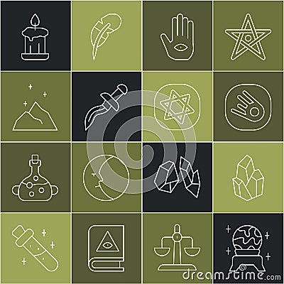 Set line Magic ball, stone, Comet falling down fast, Hamsa hand, Dagger, powder, Burning candle and Tarot cards icon Vector Illustration