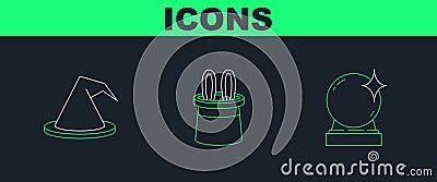 Set line Magic ball, Witch hat and Magician and rabbit ears icon. Vector Vector Illustration