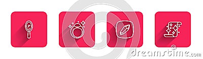 Set line Magic hand mirror, stone ring, and scroll with long shadow. Red square button. Vector Stock Photo
