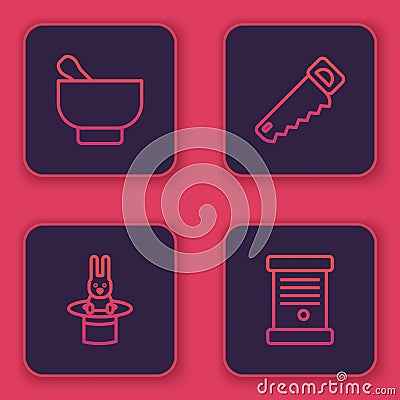 Set line Magic mortar and pestle, Magician hat rabbit, Hand saw and Decree, paper, parchment, scroll. Blue square button Vector Illustration