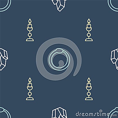 Set line Magic stone, Burning candle and Ouroboros on seamless pattern. Vector Vector Illustration