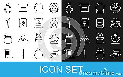 Set line Magician hat in hand, stone, ball, Ancient magic book, wand, ring with gem and icon. Vector Vector Illustration