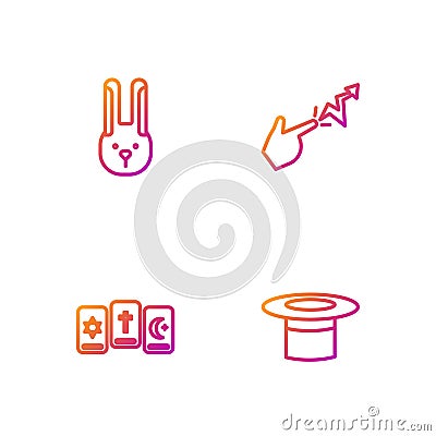 Set line Magician hat, Three tarot cards, Rabbit with ears and Spell. Gradient color icons. Vector Vector Illustration