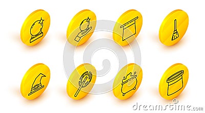 Set line Magician hat, Witch cauldron, wand, Witches broom, ball hand and icon. Vector Stock Photo