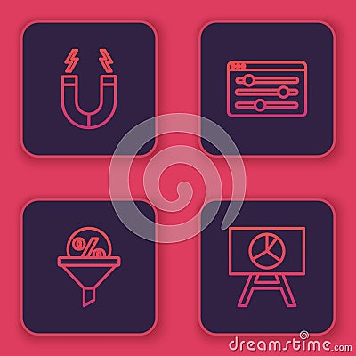 Set line Magnet, Lead management, Browser setting and Board with graph chart. Blue square button. Vector Vector Illustration