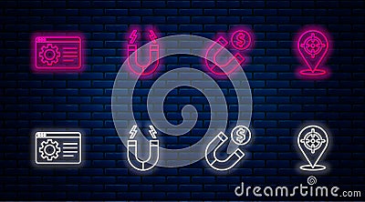 Set line Magnet, with money, Browser setting and Target. Glowing neon icon on brick wall. Vector Vector Illustration