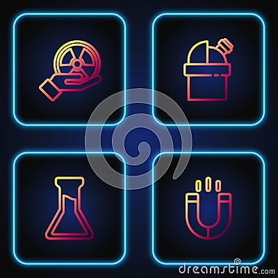 Set line Magnet, Test tube and flask, Radioactive and Astronomical observatory. Gradient color icons. Vector Vector Illustration